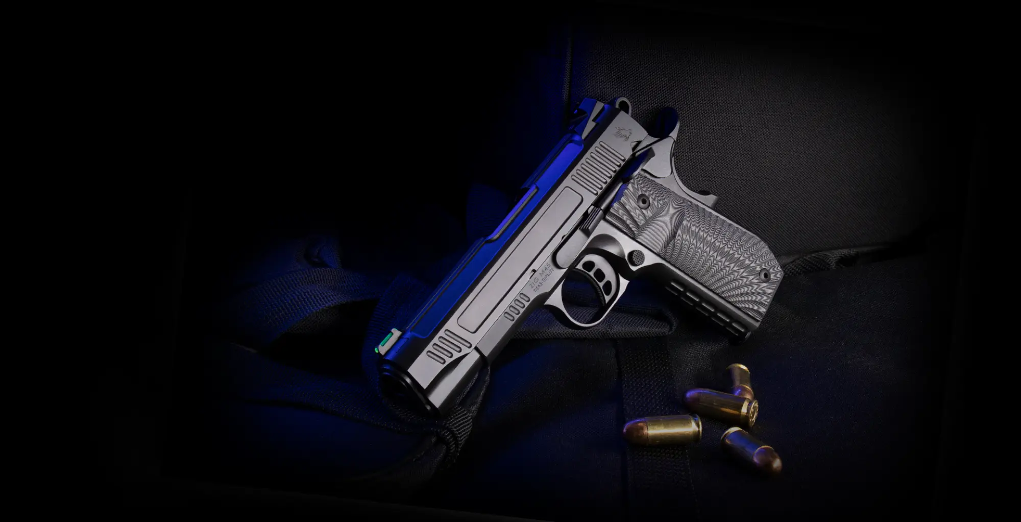 UCCO precision-engineered pistol magazine with ammunition on dark background