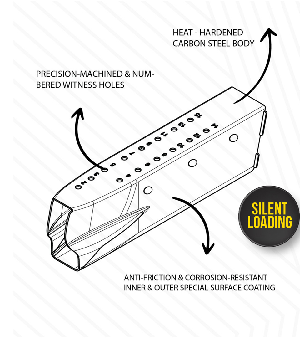 Technical diagram of magazine body construction showing heat-hardened carbon steel, precision-machined witness holes, and anti-friction coating